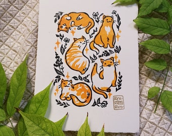 Original two colors linoprint "Les Chats" - Handprinted linocut