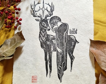 Linograbado de San Huberto, diseño original impreso a mano sobre papel Lokta