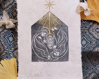 Linograbado original "Natividad" - Tallado y estampado a mano