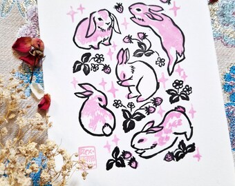 Linograbado original en dos colores "Les Lapins" - Gravée et imprimée à la main