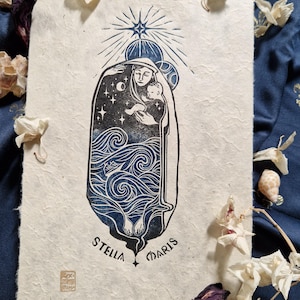 Original linoprint of Mary &quot;Stella Maris&quot;, on Lokta paper- handprinted - original design - Linogravure originale Marie &quot;Stella Maris&quot;