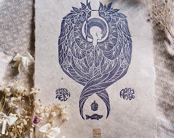 Linograbado original del Arcángel San Rafael, sobre papel Lokta - estampado a mano - diseño original