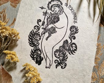 Linograbado original de Santa Melangell, sobre papel Lokta - impreso a mano - Diseño original Linogravure sainte Monacella