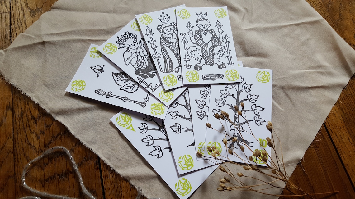 Linoprinted deck of 32 playing cards or 52 playing cards about medieval monsters Handmade Handprinted image 4