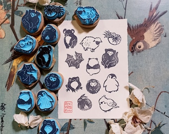 Various handcarved Cute Animals rubber stamps, mounted on wood. Price for each stamp