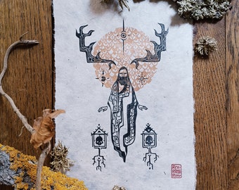 Linograbado original "Cernunnos" - sobre papel Lokta - tallado y estampado a mano