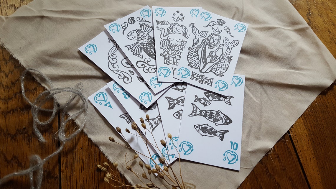 Linoprinted deck of 32 playing cards or 52 playing cards about medieval monsters Handmade Handprinted image 5