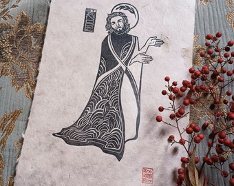 Linograbado de San Andrés sobre papel Lokta, diseño original impreso a mano