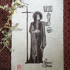 Original linoprint of Saint Jerome, on Lokta paper