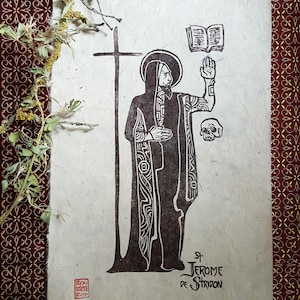 Original linoprint of Saint Jerome, on Lokta paper