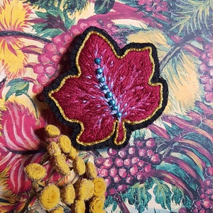 Embroidered "Feuille Rouge" brooch inspired by Seraphine Louis' paintings , handmade and one of a kind