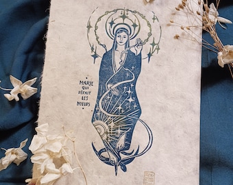 María Desatanudos Linograbado, diseño original impreso a mano en azul y dorado sobre papel Lokta