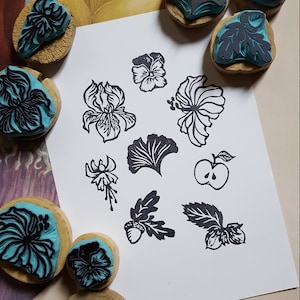 Various handcarved Flowers and Leaves rubber stamps, mounted on wood. Price for each stamp