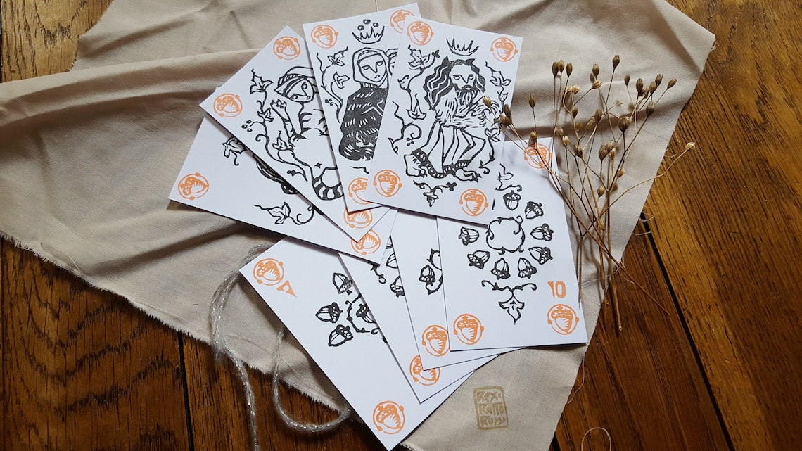 Linoprinted deck of 32 playing cards or 52 playing cards about medieval monsters Handmade Handprinted image 3