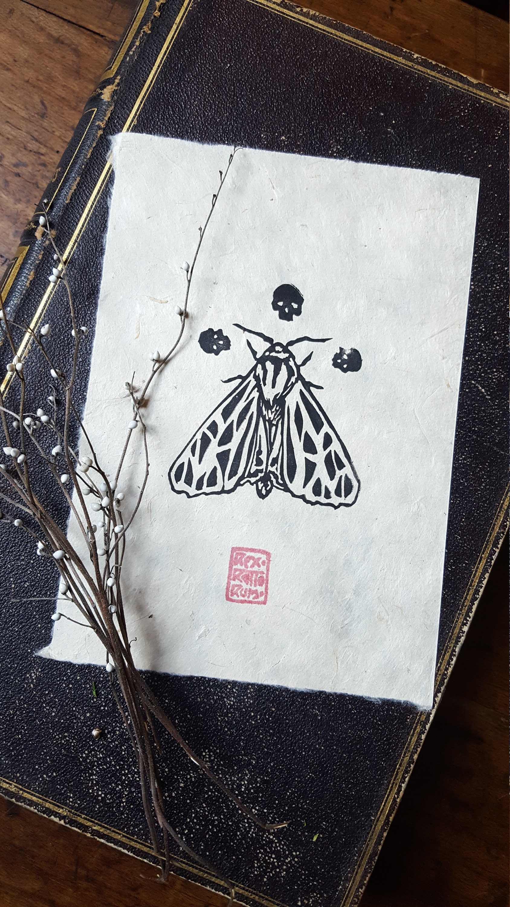 Original Linoprint Moth And Skulls On Lokta Paper Etsy Original Linoprint Moth And Skulls On Lokta Paper Etsy