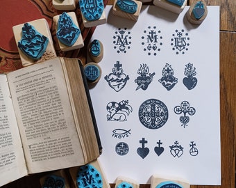 Various handcarved Sacred Heart and Christians rubber stamps, mounted on wood. Handmade. Price for each stamp