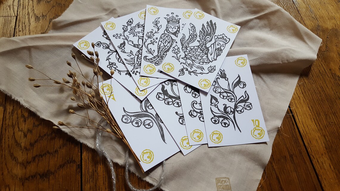 Linoprinted deck of 32 playing cards or 52 playing cards about medieval monsters Handmade Handprinted Supportive 32 cards