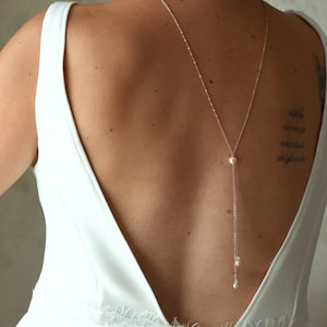 ORPHEE - Minimalist wedding back necklace with 2 rose gold chains, swarovski crystal beads, wedding back jewelry