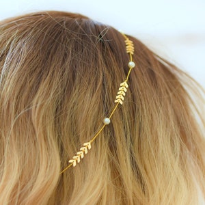 Boho style wedding headband or crown, ear of golden wheat and pearly pearls, boho chic wedding jewelry image 1