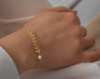 OLY - Bracelet de mariée doré chaine épi et perle nacrée - bijoux mariage bohème
