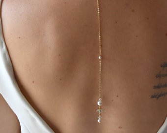 CASSANDRE - Colgante trasero para novia en perlas nacaradas, pedrería y cadena, para colgar en el collar.