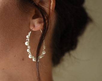 DASHA - Wedding hoop earrings with pearl and clear beads, trendy bridal hoop earrings