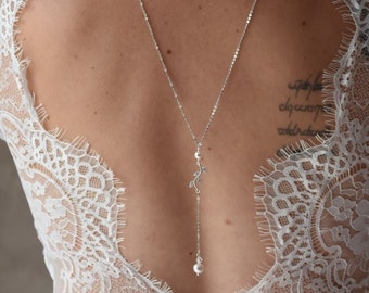 BRINDILLE - Joyería de espalda de boda en perlas de cristal con cadena en la espalda - perlas de cristal y ramita de pedrería
