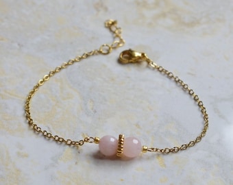 KUNZITE - Bracelet with 2 Kunzite beads and a pretty golden cup, mounted on a stainless steel chain - natural stone bracelet