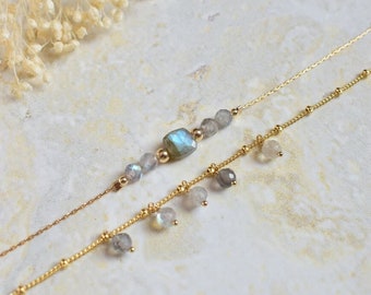 LABRADORITE - Duo de bracelets minimalistes avec une chaine très fine en gold filled et des perles de labradorite - idée cadeau femme