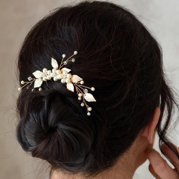 ZEN - Lot de 3 pics à cheveux avec des feuilles et des branches de perles pour le chignon de mariée - Bijoux mariage