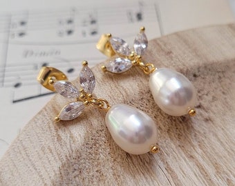 CASSANDRE - Boucles d'oreilles pour la mariée, poire en cristal nacré et cristaux Zirconium - bijoux mariage