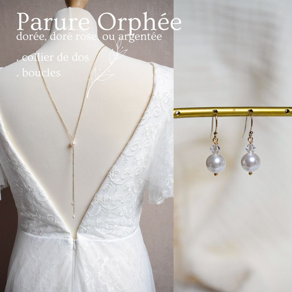 Parure de mariage Orphée : collier de dos et boucles élégantes