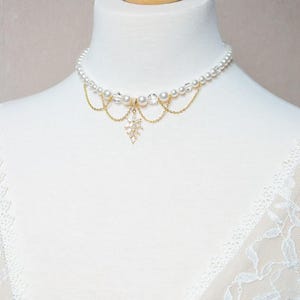 ROMY - a glamorous Bridgerton-style wedding necklace with mother-of-pearl and crystal beads, cascading chains, and a rhinestone pendant image 8