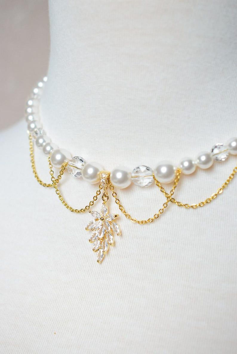 ROMY - a glamorous Bridgerton-style wedding necklace with mother-of-pearl and crystal beads, cascading chains, and a rhinestone pendant image 6