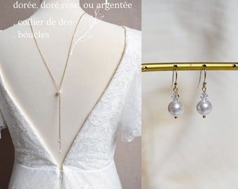 PARURE ORPHEE - 2 bijoux : collier de dos + boucles, parure de mariage minimaliste et raffinée pour une mariée en robe dos nu.