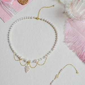 ROMY - a glamorous Bridgerton-style wedding necklace with mother-of-pearl and crystal beads, cascading chains, and a rhinestone pendant image 4