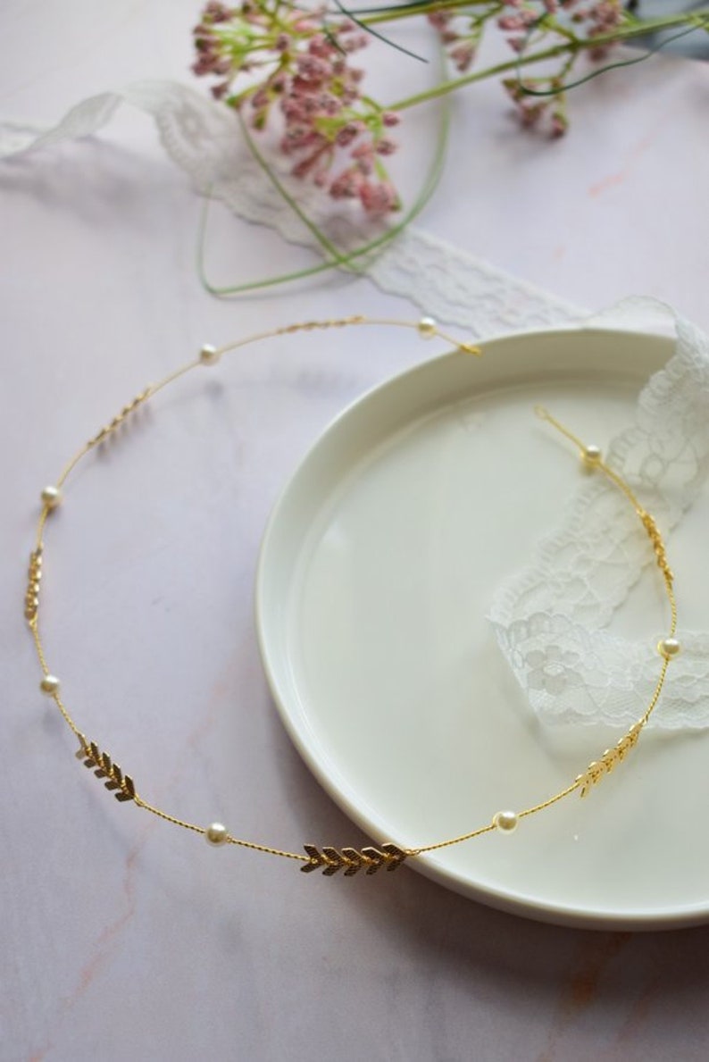 Boho style wedding headband or crown, ear of golden wheat and pearly pearls, boho chic wedding jewelry image 2