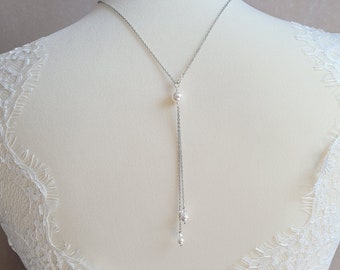 ORPHEE (corto) - Collar de espalda de boda minimalista con 2 cadenas - cuentas de cristal - joyería de espalda para la novia minimalista