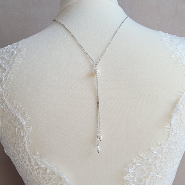 ORPHEE (court) - Collier de dos mariage minimaliste avec 2 chainettes - perles de cristal - bijou de dos pour la mariée minimaliste