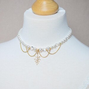 ROMY - a glamorous Bridgerton-style wedding necklace with mother-of-pearl and crystal beads, cascading chains, and a rhinestone pendant image 9