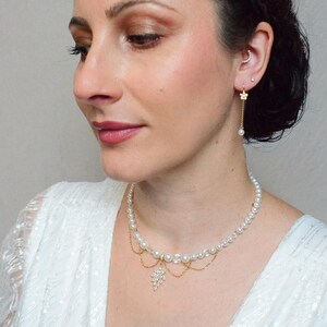 ROMY - a glamorous Bridgerton-style wedding necklace with mother-of-pearl and crystal beads, cascading chains, and a rhinestone pendant image 7