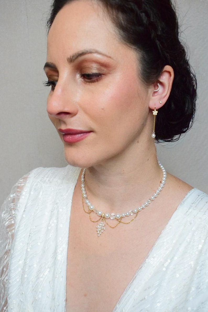 ROMY - a glamorous Bridgerton-style wedding necklace with mother-of-pearl and crystal beads, cascading chains, and a rhinestone pendant image 7