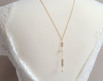 ALIA - Collier de dos bohème chic doré, avec chaine épi de blé et perles nacrées, idéal mariage champêtre ou bohème chic.