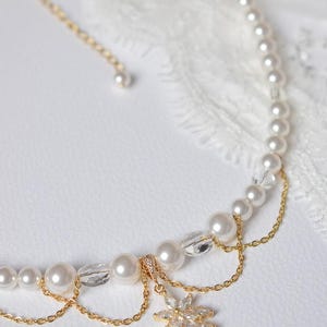 ROMY - a glamorous Bridgerton-style wedding necklace with mother-of-pearl and crystal beads, cascading chains, and a rhinestone pendant image 2