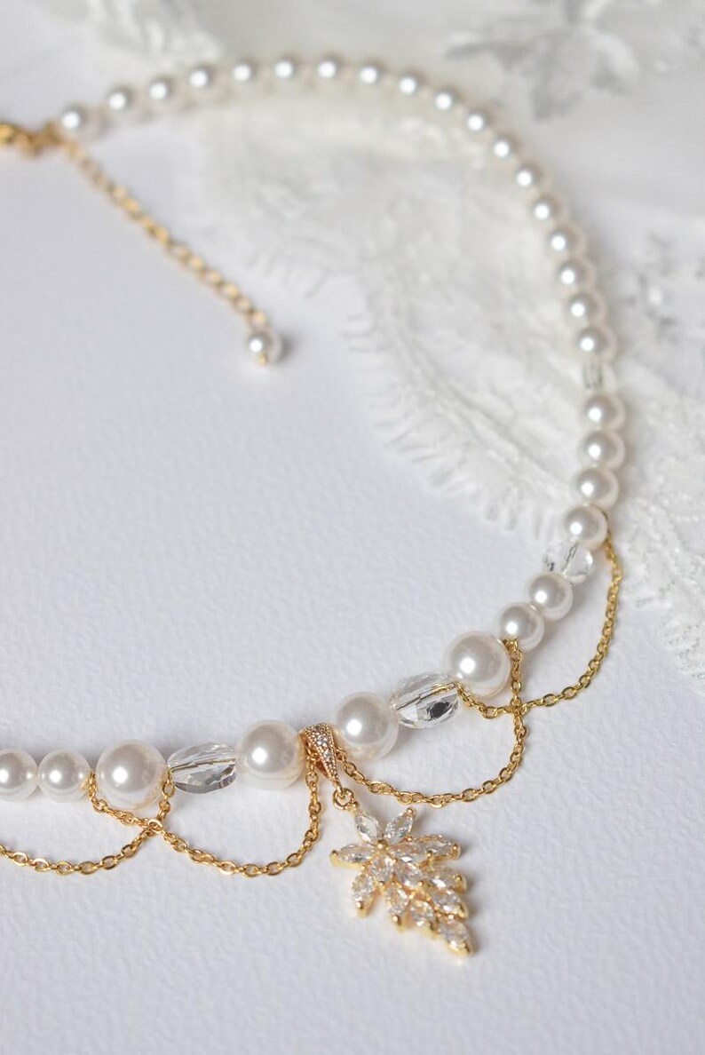 ROMY - a glamorous Bridgerton-style wedding necklace with mother-of-pearl and crystal beads, cascading chains, and a rhinestone pendant image 2