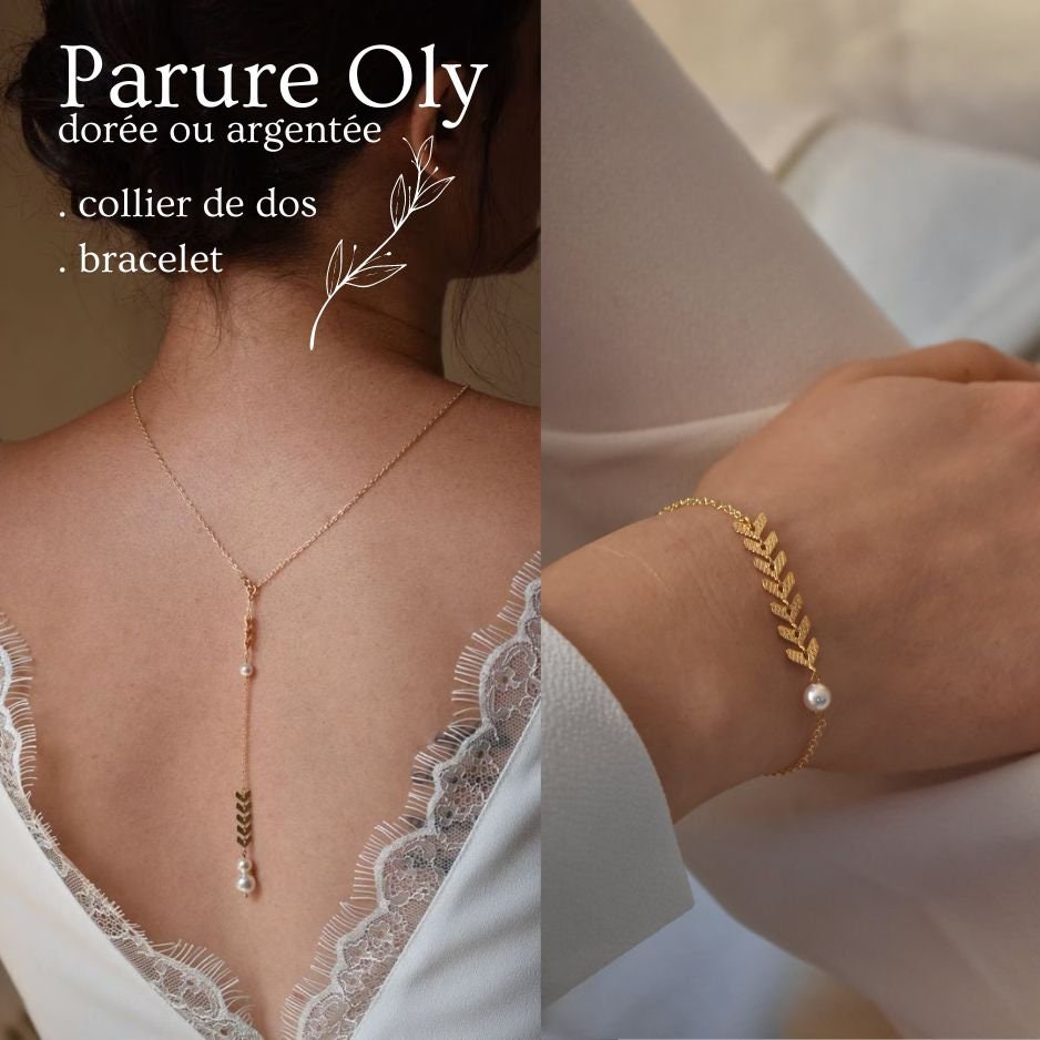 Parure Oly court – collier de dos et bracelet mariage bohème chic