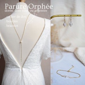 PARURE ORPHEE 3 bijoux : collier de dos, bracelet, boucles, parure de mariage minimaliste et raffinée pour une mariée en robe dos nu. image 1