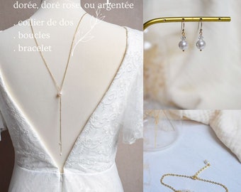 PARURE ORPHEE - 3 bijoux : collier de dos, bracelet, boucles, parure de mariage minimaliste et raffinée pour une mariée en robe dos nu.