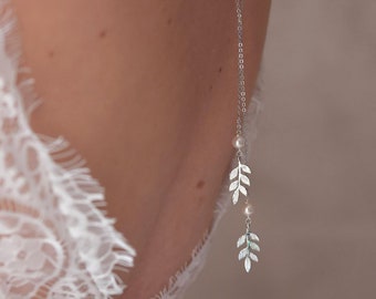 RAMEAU - Collier de dos pour robe de mariée dos nu, avec perles et petites feuilles, idéal mariage champêtre ou bohème chic