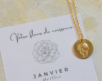 FLEUR DE NAISSANCE Janvier - Collier minimaliste avec votre médaille fleur de naissance du mois de Janvier, oeillet